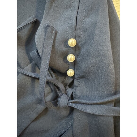 Zac & Rachel Woman Petite Size PM Navy Blue Pearl Embellished Long Sleeve Blouse - Picture 6 of 9